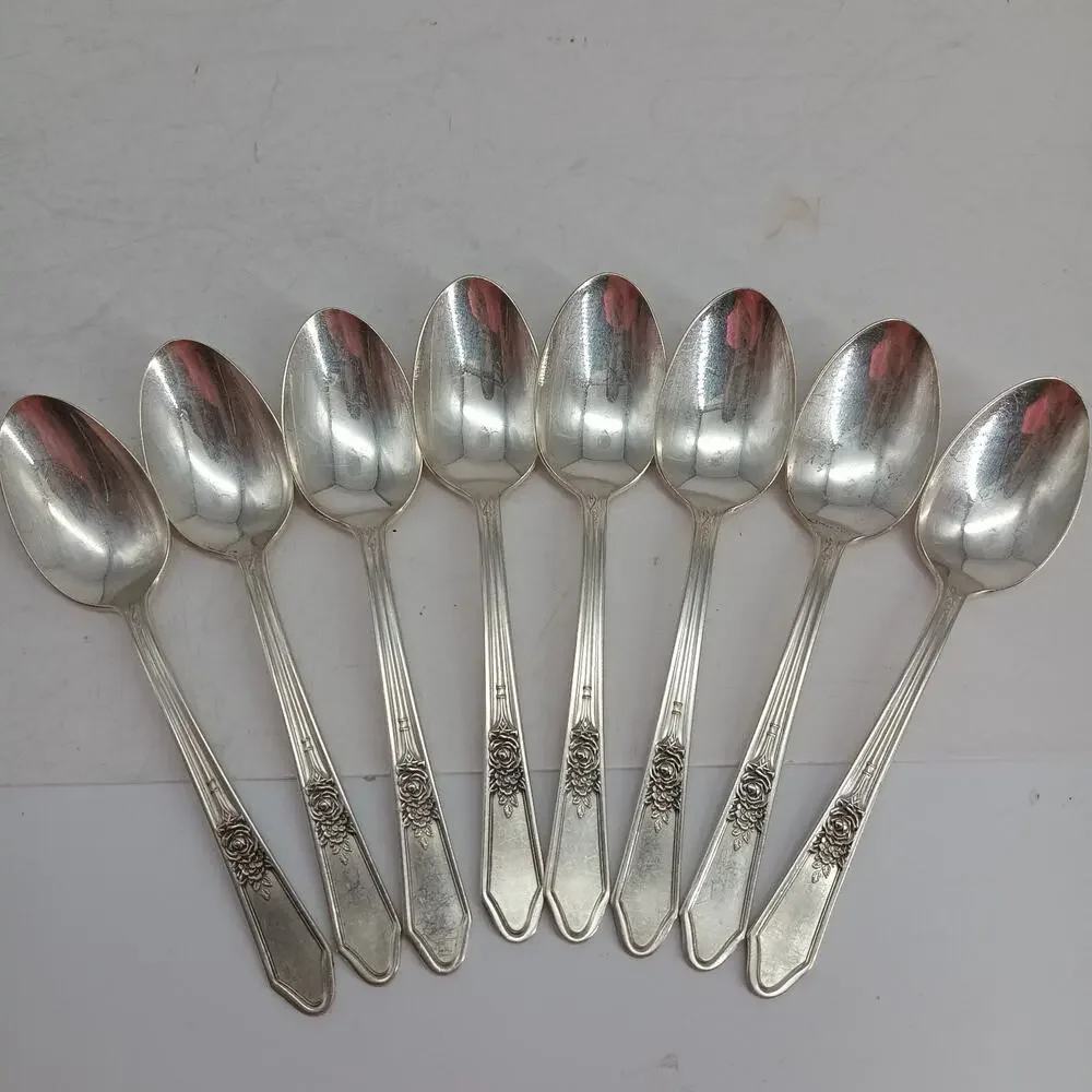 8X Tsp Vtg Manor Plate Triple Rose Rosedale Teaspoons Silverplate